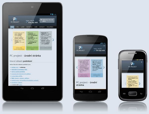 Screenshoty www PC project na různých mobilních zařízeních